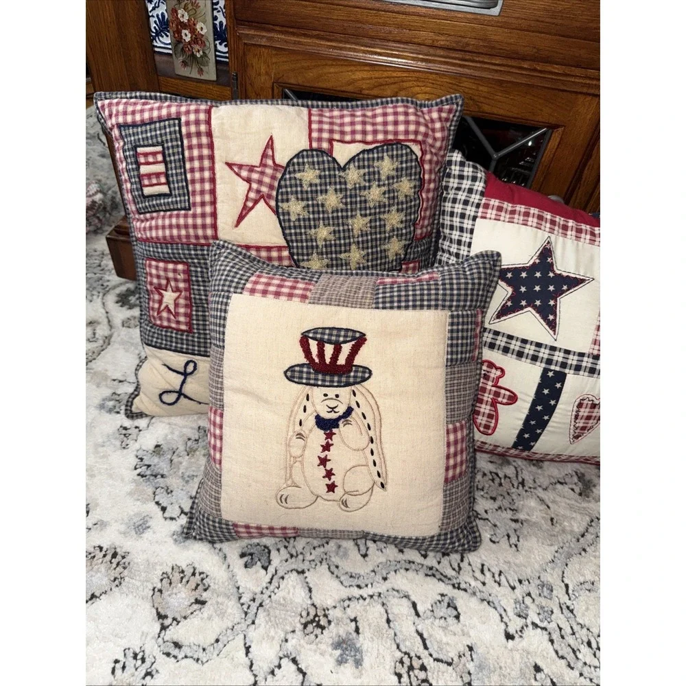 Set of 3 Patriotic American Themed Pillows Decorative Primitive Cottage USA Flag